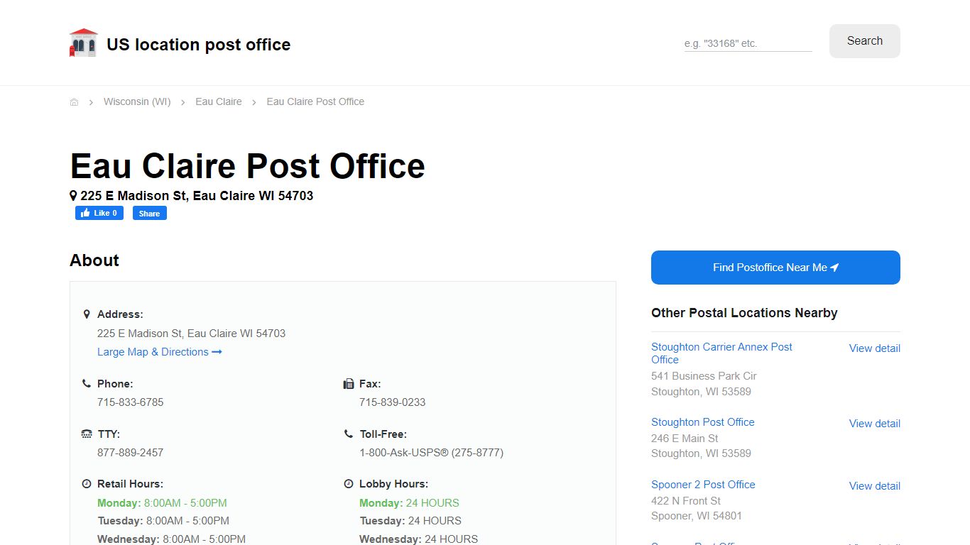 Eau Claire Post Office, WI 54703 - Hours Phone Service and Location