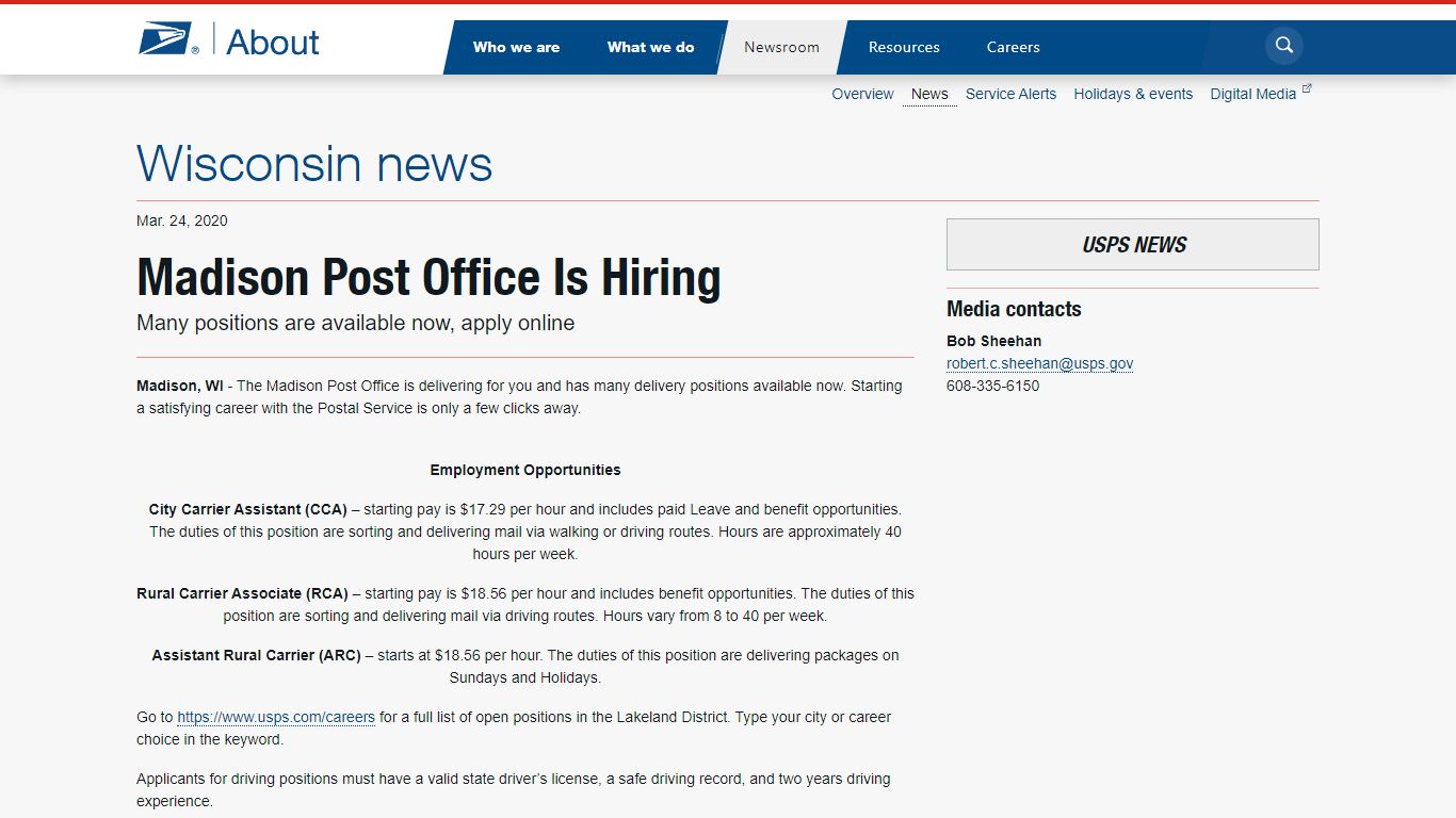 Madison Post Office Is Hiring - Wisconsin newsroom - USPS